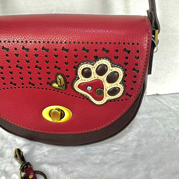 Chala Puppy Paw Print Half Moon Purse Faux Leather Red Brown Crossbody Keychain - Picture 2 of 16
